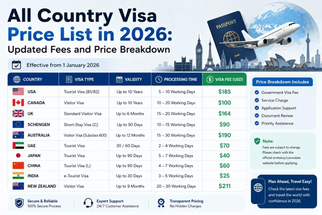 All Country Visa Price List in 2026 Updated Fees and Price Breakdown